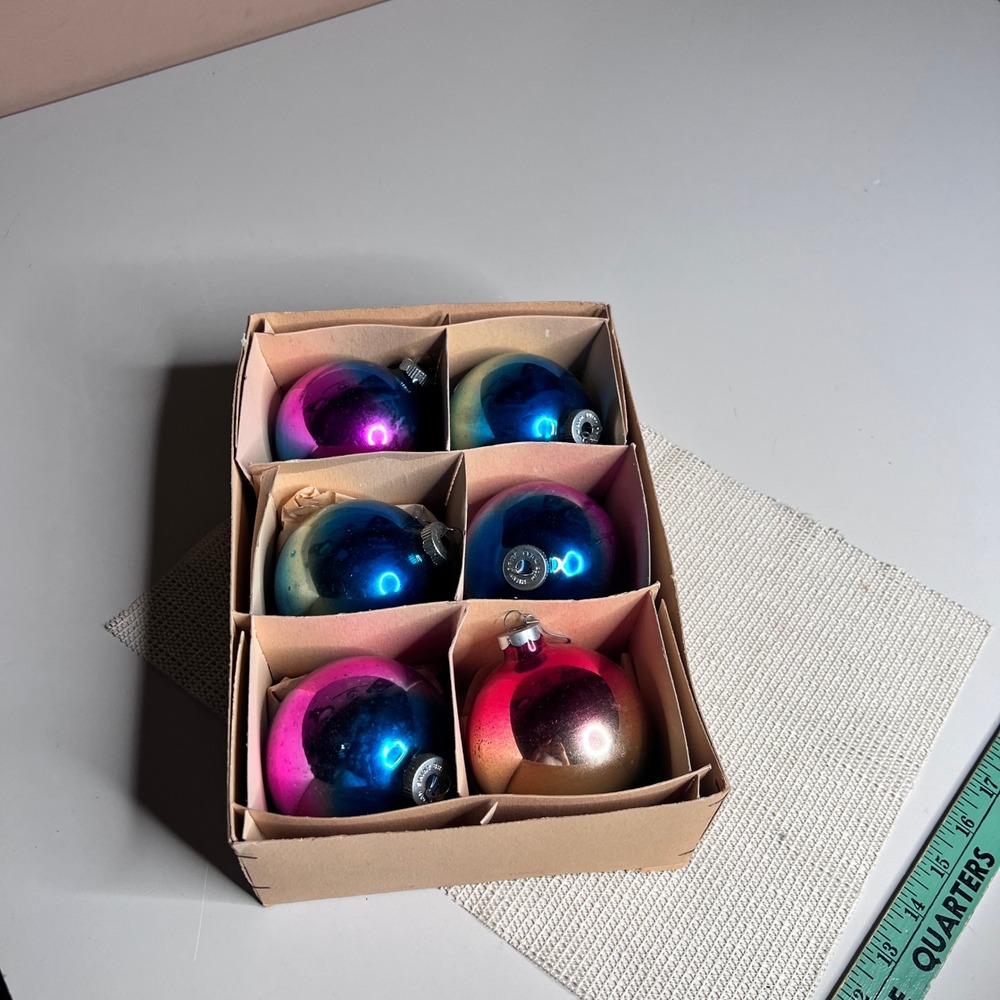 Vintage Shiny Brite Glass Christmas Ornaments Set of 6 Ombre Iridescent Blu